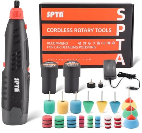 Cordless Rotary Tool, SPTA Powerful Mini Detail Polisher Kit, 36Pcs 12V Li-ion Battery 5,000-25,000 RPM Micro Auto Detailing Car Polisher Polishing Foam Pad Set for Buffing Polishing Sanding Cleaning