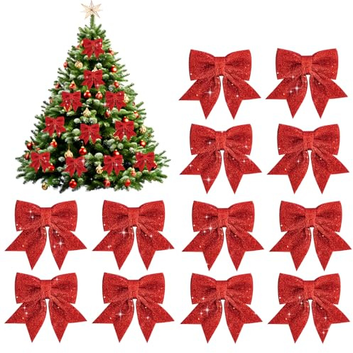 Leikedun 12 Weihnachtsschleifen, 12 x 15 cm, große Größe, Schmetterlingsband, glitzernde Weihnachtsbögen, Weihnachtsbaumschleife, Weihnachtsbaumdekoration, (Rot)