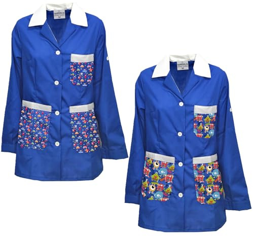 Coppia di 2 Camici Grembiule Camice con Fantasia per maestre Insegnanti Asilo Scuola Infanzia Colore Royal Taglia M