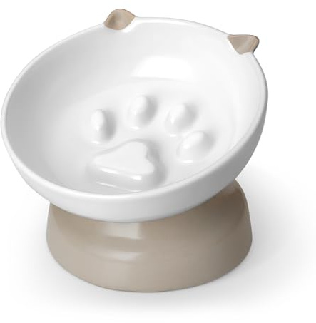 vancasso Ceramic Elevated Slow Feeder Cat Bowls,Slow Feeder Elevated Cat Bowl Wet Food, Raised Cats Bowl for Indoor Cats (Grey)