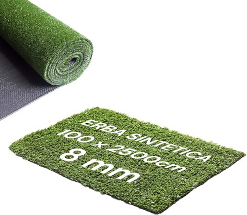 Avilia – Erba Sintetica per Esterno H100xL2500 cm in Polipropilene Anti-UV, Prato Sintetico Drenante con Altezza 8 mm, Facile da Stendere su Grandi Superfici, Ideale per Giardini, Piscine e Terrazzi