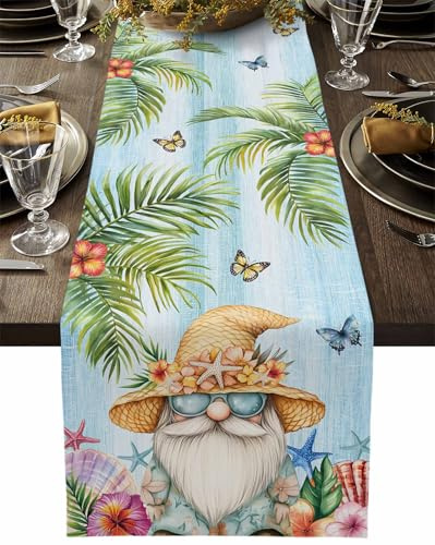 Summer Coastal Dwarf Palm Tree Table Runners 13x36 Inches Long Linen Burlap Table Runner, Blue Ocean Starfish Table Cover Dresser Scarf for Kitchen Dining Holiday Party Wedding Gathering