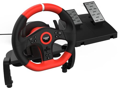 Vieta Pro Speedy, Volante y Pedales para Gaming, Compatible con PC, PS3, PS4, Xbox y Switch, Force Feedback, 180° de Giro, Palancas de Cambio, Sensación de Conducción Realista