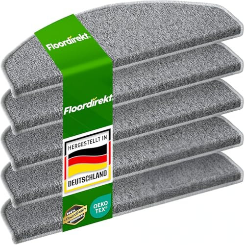 Floordirekt Treppenstufen Matten - London Pro Grau - 15 Stück Stufenmatten Treppenteppich halbrund 25x65 cm