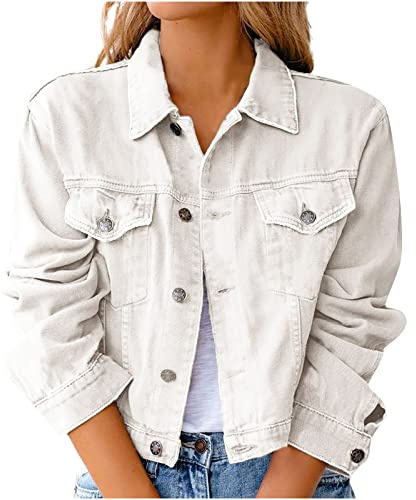 Mrat Women's Denim Jacket Ladies Vintage Short Jean Crop Button Jacket Y2K Aesthetic Top Casual Slim Fit Streetwear Lightweight Stretchy Trucker Jackets Pockets Coat 8 10 12 14 16 18 s