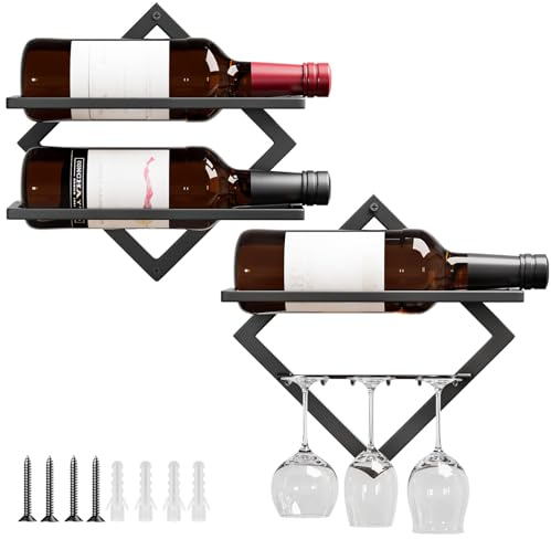 Yorbay Portabottiglie da Parete in Metallo con Portabicchieri: Moderno Porta Bottiglie Decorativo per 3 Bottiglie e fino a 6 Bicchieri - Portabottiglie da Vino Salvaspazio per Soggiorno Bar Cucina