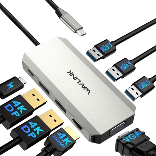 WAVLINK Dockningsstation för bärbar dator, fyrskärms-dockningsstation med dubbel DP, HDMI, VGA, 100 W PD IN, 3 USB-A2.0 för trådlösa enheter, kompatibel med Dell/HP/Lenovo osv., endast för dator med