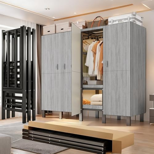 FPIGSHS Foldable Portable Wardrobe Closets with Magnetic Door Load 500kg Heavy Duty Clothe Rack for Hanging Clothes Freestanding Clothing Metal Garment Rack Closet System (grey, 125cm)