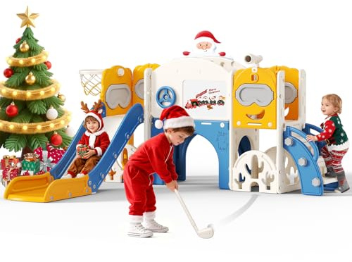 Tobogán para niños con aro de Baloncesto, Tobogán para jardín de Infantes, Parque Infantil Interior y Exterior, Kit de Juego de Escalada Independiente con tobogán para bebés (Naranja Azul-11 en 1)