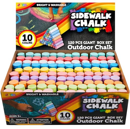JOYIN 120 Pack Washable Sidewalk Chalk Set in 10 Colors for Kids, Giant BoPavement Chalk for Indoor Outdoor Blackboard Garden Art Drawing Painting