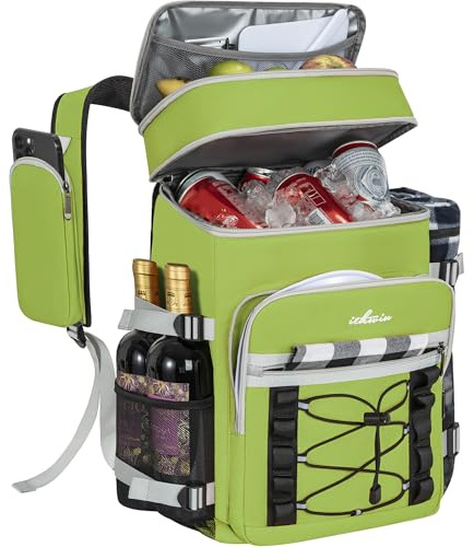 OUUTMEE Kylryggsäck, 21 l picknickväska med kylfack, isolerad kylväska för öl, dubbla lager läckagesäker termoväska, vattentät ryggsäck för picknick, strand eller vandring, grön