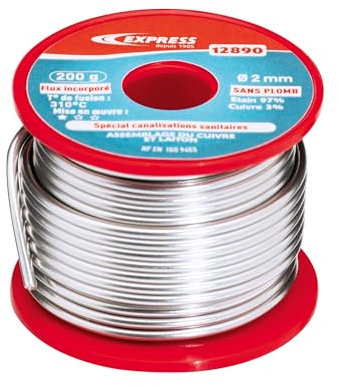 Express, 12890, Accessoire pour Fer à Souder, Soudure Étain pour Assemblage Cuivre, Laiton, Canalisations Sanitaires (Eau Potable), 97% Étain et 3% Cuivre (Sans Plomb), 200 g, d 2 mm, Flux incorporé