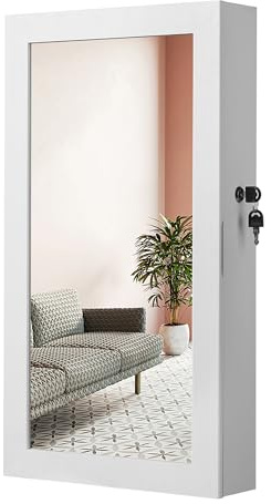 SONGMICS Lockable Jewelry Cabinet Armoire with Mirror, Wall-Mounted Space Saving Jewelry Storage Organizer, White UJJC51WT