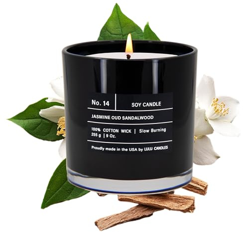 Lulu Candles | Jasmine, Oud & Sandalwood | Luxury Scented Soy Jar Candle | Hand Poured in The USA | Highly Scented & Long Lasting (9 Oz.)