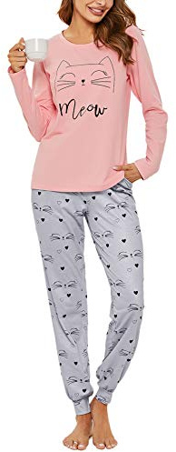 Sykooria Conjunto de Pijama Mujer Algodón de Manga Larga Pijama de Invierno Top y Pantalones Ropa de Dormir Suave para Mujer Pjs Lounge Wear(Naranja,M)