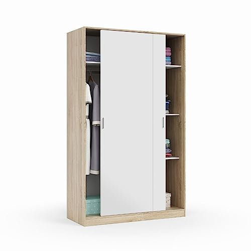 Mobelcenter – Armario 2 Puertas Correderas – Armario Matrimonio o Juvenil - Acabado Color Blanco Artik y Roble Canadian – Medidas: Ancho: 120 cm x Fondo: 50 cm x Alto: 200 cm - (1411)