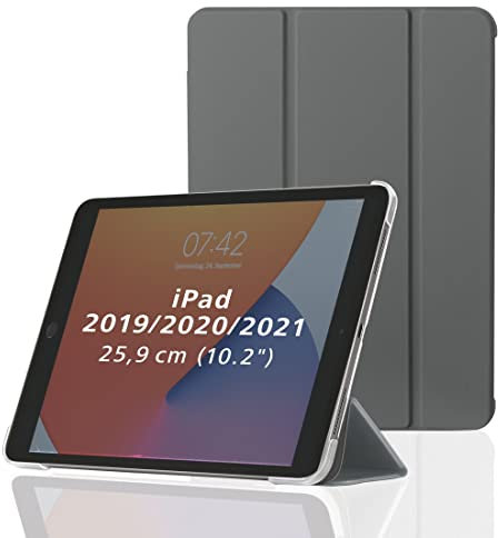 Hama Hülle für Apple iPad 2021/2020 / 2019 10.2 (aufklappbares Case für Apple Tablet 10,2 Zoll Gen. 7/8/9, Schutzhülle mit Standfunktion, transparente Rückseite, magnetisches Cover) grau, 00216402