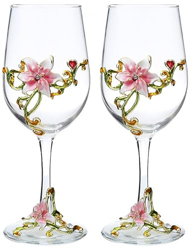 XUDREZ Handmade Painted Enamel Flower Gin Balloon Glass Wine Glass Set, Red Wine Set of 2, Birthday Gifts for Women Mum Friends Mothers Day, Lead-Free (Pink Lily（Set of 2）)