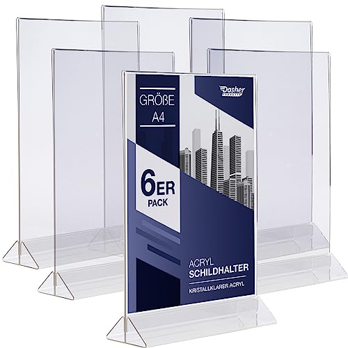 Acrylic Sign Holder A4 - T Shape Double Sided Frame Holder with Easy Bottom Loading Design, Portrait Style Menu Ad Display, Plastic Sign Frames for Flyer, Menu, Display, Photos, and More (A4 - 6 Pack)