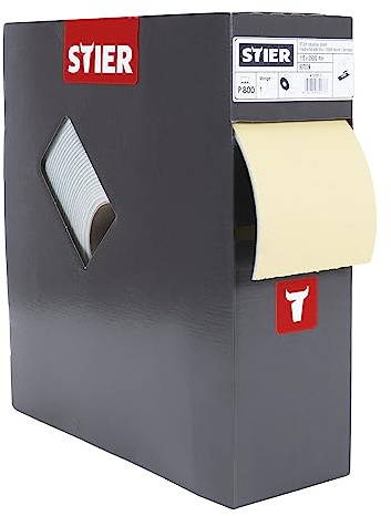 STIER Schleifpapier auf Schaumunterlage P800, 115x92mm Rollenlänge: 25m, für Lack-Reparatur, Profile, Wölbungen, praktische Box mit Abrisshilfe immer griffbereit