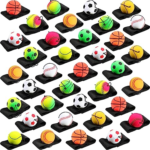 Skylety 36 Pcs Wrist Return Ball on a String 1.85'' Rebound Sport Ball with Elastic Strap and String, Basketball Baseball Soccer Tennis Wristband Toy for Teens Adults Gifts, Wrist Exercise or Play