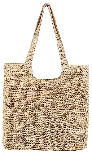 TIAASTAP Stroh Strandtasche für Damen, Summer Stroh Handtasche Schultertasche mit Reißverschluss, Strohtasche Geflochten Korbtasche Basttasche für Strand Reise Einkauf, Beige