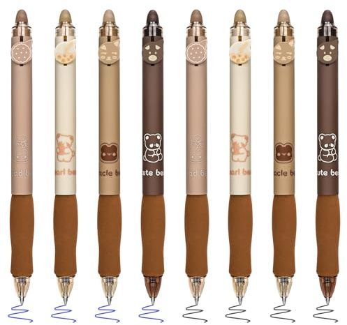 BAYTORY 8Pcs Cute Retractable Erasable Gel Pens, Blue and Black Ink Pen with Eraser Clear, Smooth Writing Comfortable to Use for Note Taking Marking Planner Crossword Puzzles (Coffee)