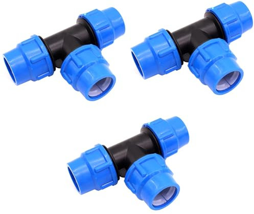 Raccord tuyau 25mm, Raccords de tuyau d’eau en T - 25 mm x 25 mm x 25mm, Raccord de plomberie de compression PN16 – connecteur compatible avec tuyaux en polyéthylène（3 pièces）