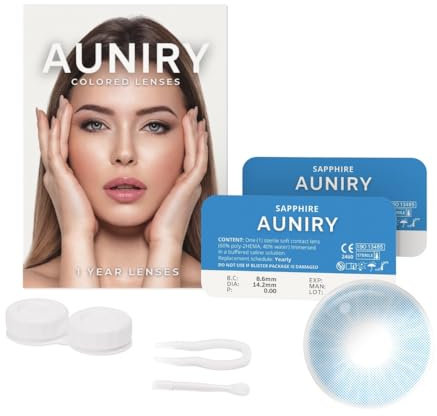 AUNIRY Lenti a Contatto Colorate Blu Naturali SAPPHIRE: Kit Completo (2 Lenti Colorate Annuali Non Graduate, Pinzetta, Applicatore e Portalenti), Adatte per Occhi Scuri e Senza Gradazione