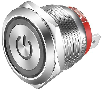 Gebildet 19mm Interrupteur à Bouton-Poussoir en Acier Inoxydable à Verrouillage Etanche Interrupteur SPST à 4Broches Bouton Poussoir de Type Court 20A/12-24V LED Bleue