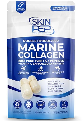 Pure Marine Collagen Supplements for Women & Men - SkinPep (120 Capsules) | 1270mg | 2 Month Supply | 1000 Dalton Bioactive Triple Filtered | Type 1 & 3 Hydrolysed Fish Collagen Peptides + Vitamin C