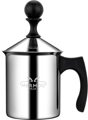 MERMOO YILAN Manual Milk Frother 14oz Stovetop Milk Foamer Non-electric Handheld Frother for Latte Art and Cappuccinos Perfect for Camping, Travel, Home (Silver)