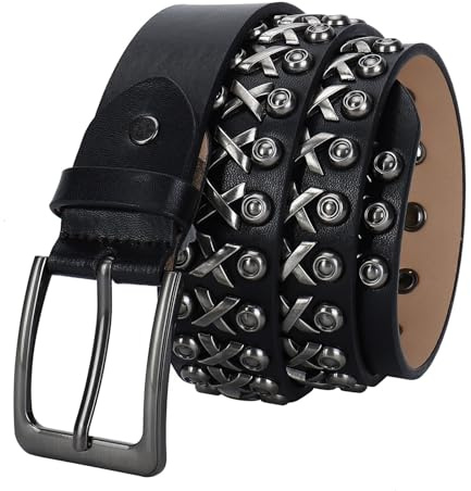 Cintura Unisex in Vera Pelle con Borchie, Cinture in Pelle di Vacchetta da Uomo con Rivetti Punk Rock con Borchie Cinture per Jeans Nero, per Pantaloni Jeans(B,105cm/waist:34~36)