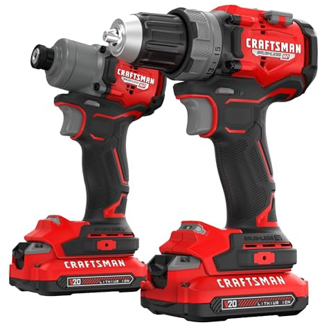 CRAFTSMAN V20 Brushless RP 1/2 inch Drill/Driver with 2 speed gear box, 1/4 inch Impact Driver, 2 Batteries and Charger Included (CMCK2530C2)