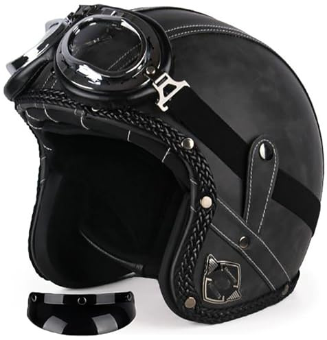 Vintage Casco Moto Jet Casco Scooter Ciclomotore Retrò Moto Mezzo Casco In Pelle 3/4 Con Occhiali Casco Aperto Per Donna E Uomo Adulto Caschi Cromwell Omologato DOT/ECE 1,S=55-56CM