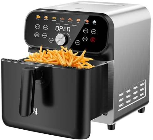 WHUTO Air Fryer, 6QT Air Fryer Oven with LED Digital Touchscreen, 12 Preset Cooking Functions Air fryers,Roast, Warm-Up, Stay Warm, Stick-Free & Dishwasher-Friendly Basket, Stainless Steel/Black