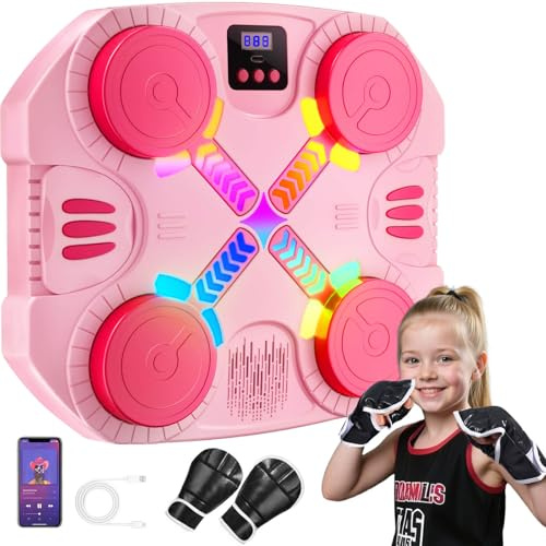 Esnowlee Máquina de Boxeo Musical para Niños, Máquina de Boxeo Bluetooth Montada en Pared con Guantes, Luces y Retroalimentación Sonora, Niños y Niñas de 3 a 12 Años (Rosa)