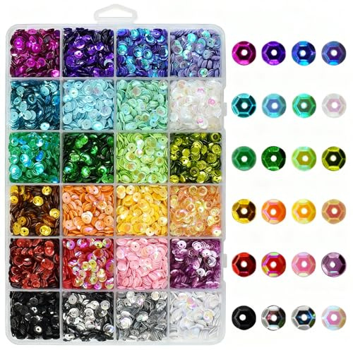 LE-stone 11000Pcs Bulk Loose Sequins 6mm Handcraft 24 Colors Round Embroidery Sequin with Pre-drilled Holes for Sewing Clothing Wedding Handicrafts DIY