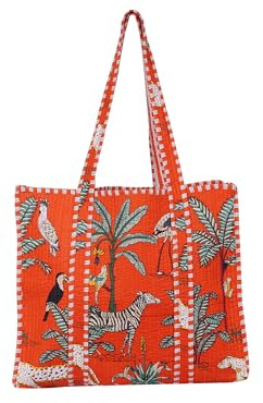 Indian Cotton Quilted Tote Bag Women shoulder Bag Carry, shopping Beach Bag Summer Holiday Essentials Shopping Travel Bag with Pockets Handbags for Women (Saffron)
