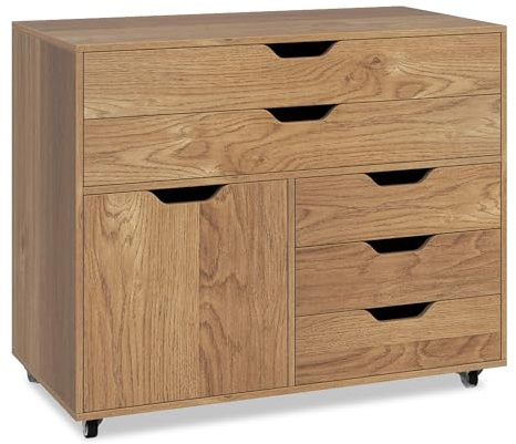 CASART Mobile File Cabinet, 5-Drawer Lateral Filing Cabinet with Wheels and 1 Door, Rolling Printer Stand Document Storage Unit for Home Office, Fits Files Letter, A4 Size, 77 x 40 x 64cm (Natural)