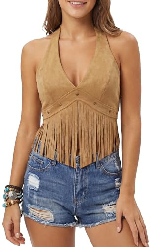 Adigau, top da donna, in pelle scamosciata, a incrocio sul collo, vintage, hippie, casual, senza maniche, con frange, scollo a V, estivo, crop top, con schiena scoperta, streetwear, cachi, XS