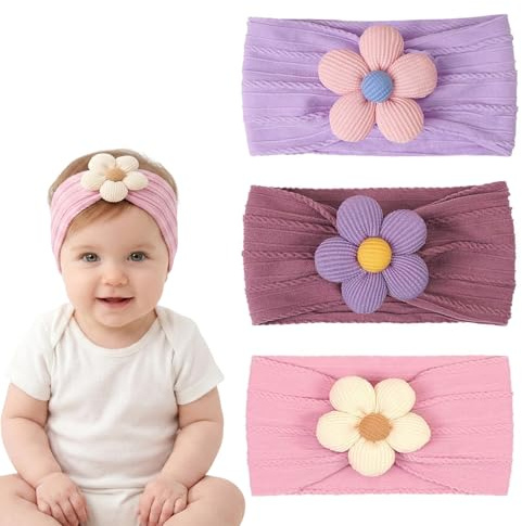 3 PCS Fasce Bambina Neonata, Floreale Copricapo, Elastici Fascette, Fascia Capelli Neonata, Morbido Accessori per Capelli Fatti a Mano per Neonati Bambini Bambine