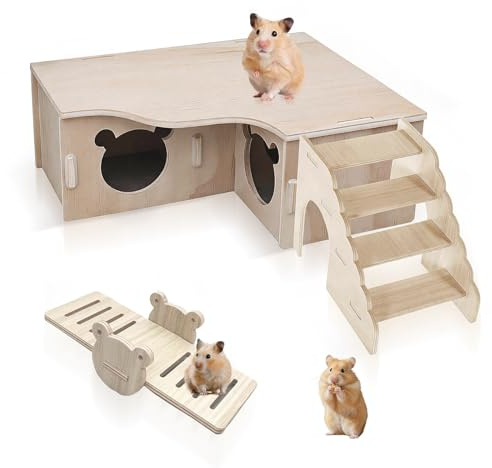 Hamster House Hideout, Wooden Multi Chamber Hamster Hide with Ladder Seesaw and Lid Wood Cage Accessories for Syrian Dwarf Hamsters Mice Gerbils Small Pets