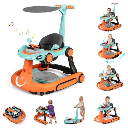 GIANTEX Gåvagn för barn 7–18 månader, 7 i 1, Baby Walker med tak, lekbricka, speldosa, ljus, första steg, vikbar, justerbar höjd och hastighet, skjutvagn (orange + grön)