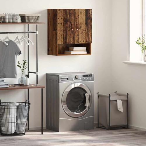 LoogCape Armoire de rangement murale en bois vieilli, 60 x 31 x 70 cm, armoire multifonction avec 2 étagères, 3 compartiments, porte pour salle de bain, chambre, couloir, bureau