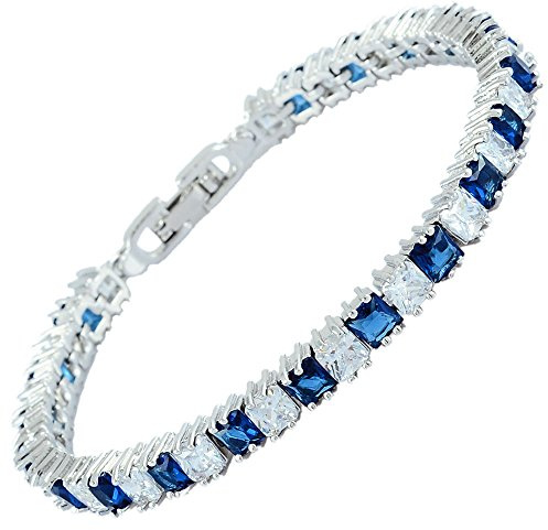 [RIZILIA Cubetto Di Ghiaccio] Princess Cut Simulata Zaffiro Blu CZ 18K Placcato In Oro Bianco Bracciale Tennis, [18cm/7inch]
