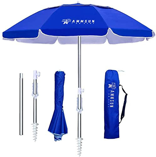 AMMSUN Parasol de plage portable pliable en deux fois avec ancre de sable, coupe-vent, bouton-poussoir d'inclinaison et grille d'aération, protection UV 50+, s'adapte dans une grande valise pour