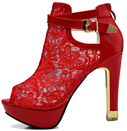 getmorebeauty Women's Red Pretty Lace Flowers Open Toes High Heels Ankle Boots 6 US