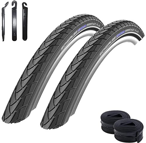 2 x Schwalbe Marathon Plus Unplattbar 28 Fahrradreifen mit Reflex in Schwarz 25-622 (28 x 1.00) + 2 Schwalbe Schläuche SV15 lang (60 mm) inkl. 3 Reifenheber