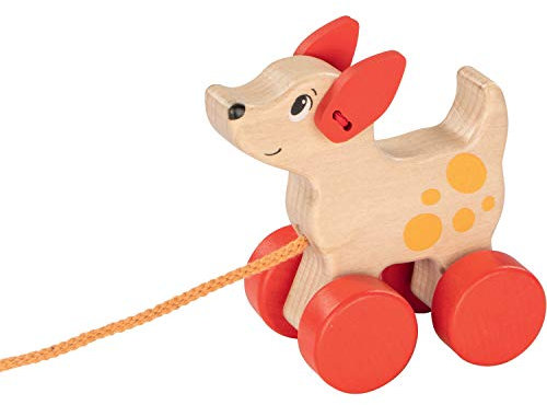goki 54883 Ziehtier Hund aus Holz, Nachzieh-Spielzeug mit Tiermotiv, Lernspielzeug inklusive Schnur, Babyspielzeug fördert Koordination und Motorik der Kleinkinder, 9cm x 5cm x 9cm, ab 1 Jahr